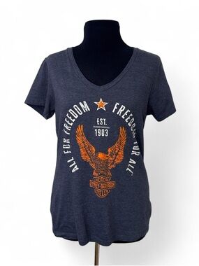 Harley-Davidson Women's Navy V-Neck Eagle Tee with Orange Graphic